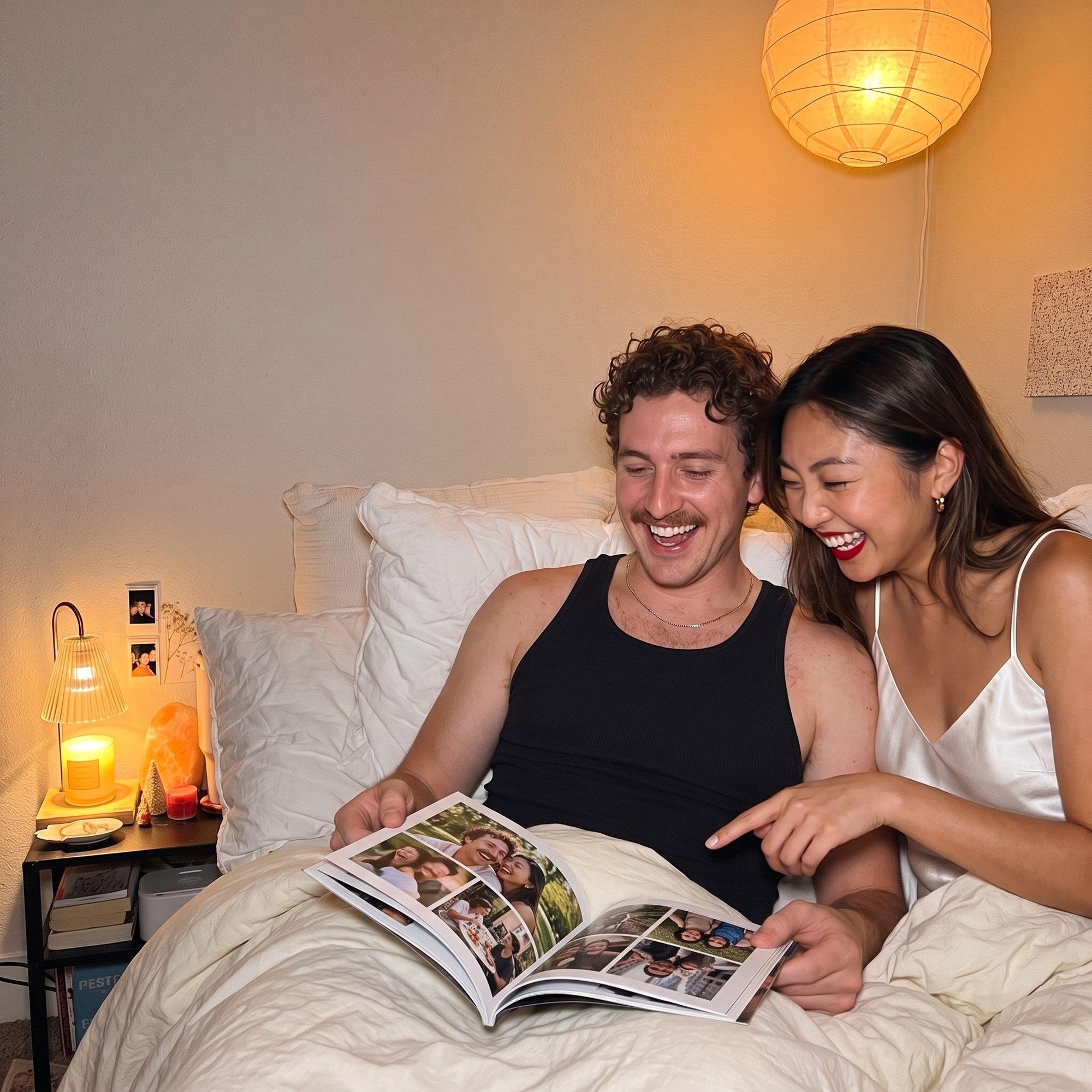 A couple in bed laughing over their magazine