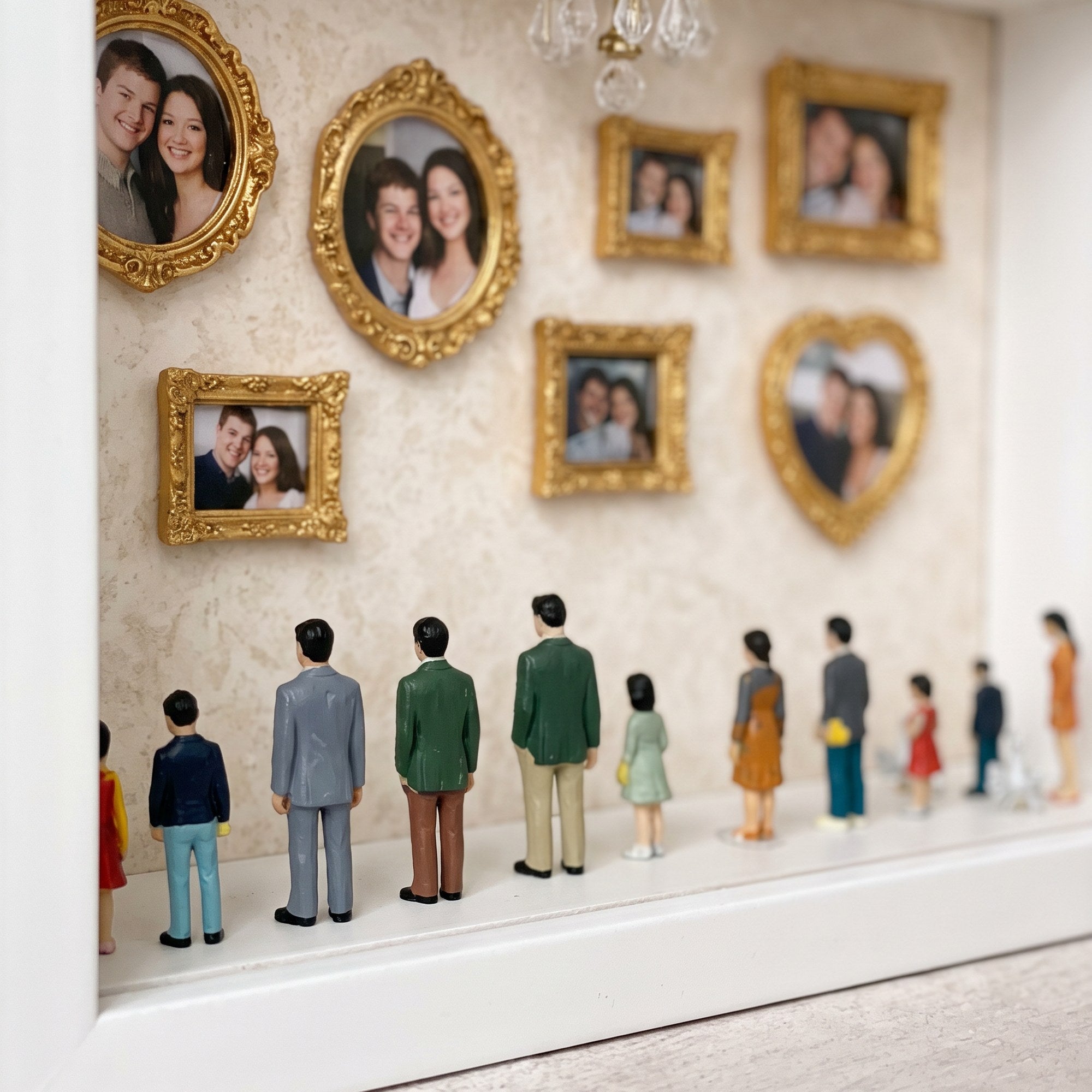Tiny figures looking up at little gold frames