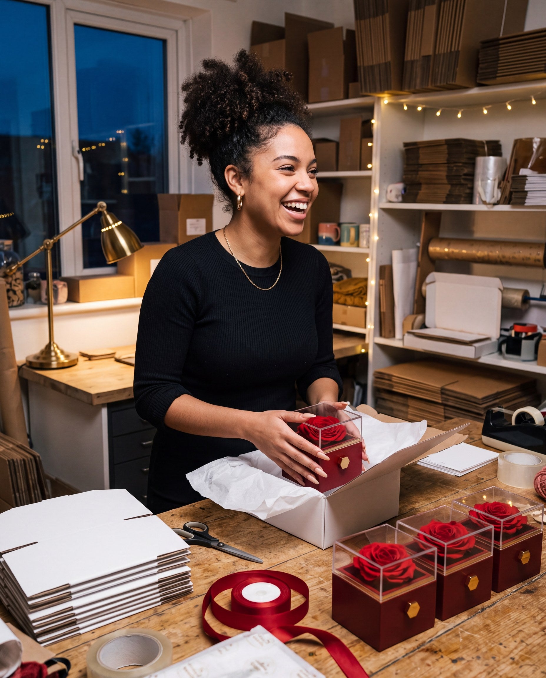 Laughing while packing a red Corazon rose box at the studio worktable at night, more boxes ready to go