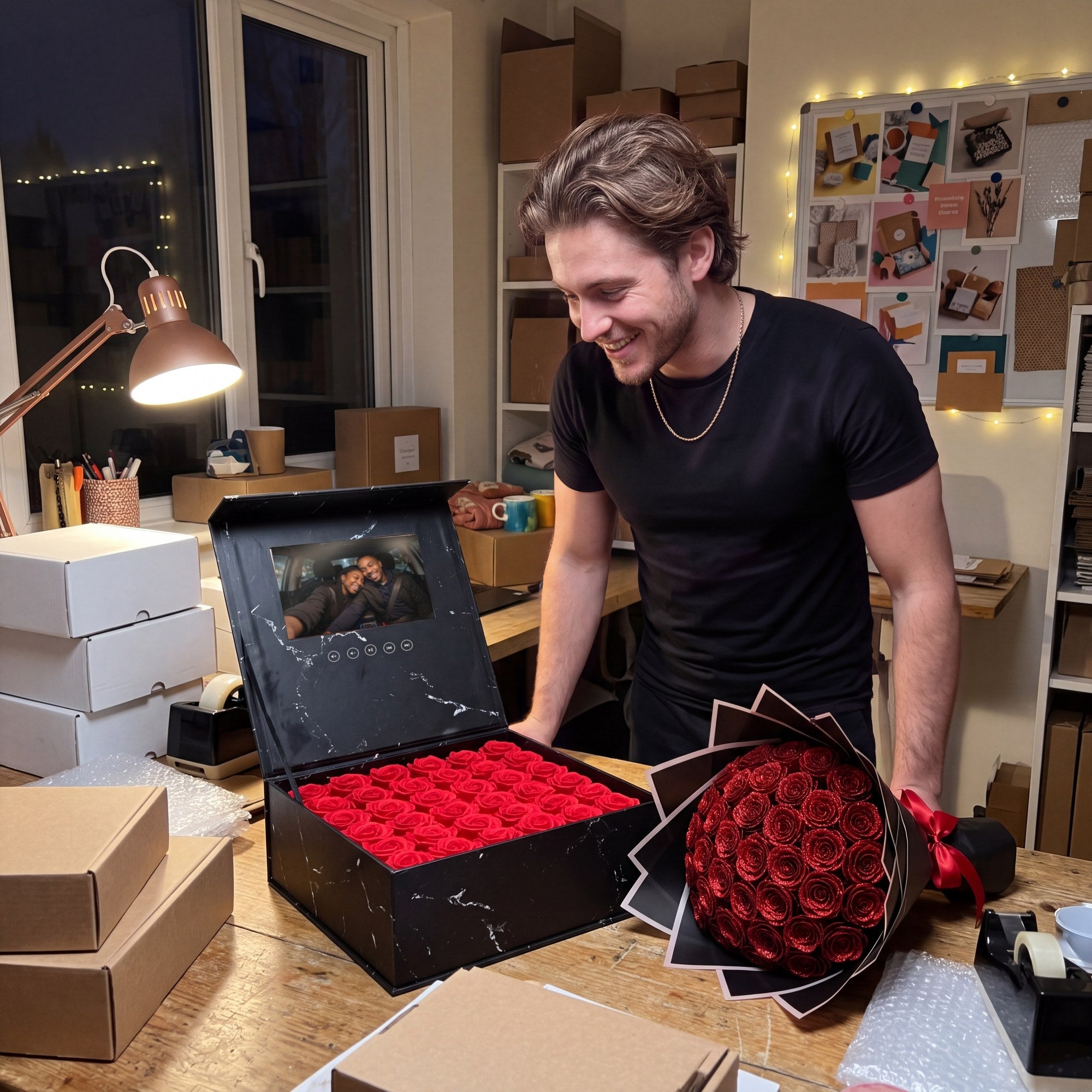 Checking the screen of a Corazon Video Box next to a Glitter Rose Bouquet before they ship