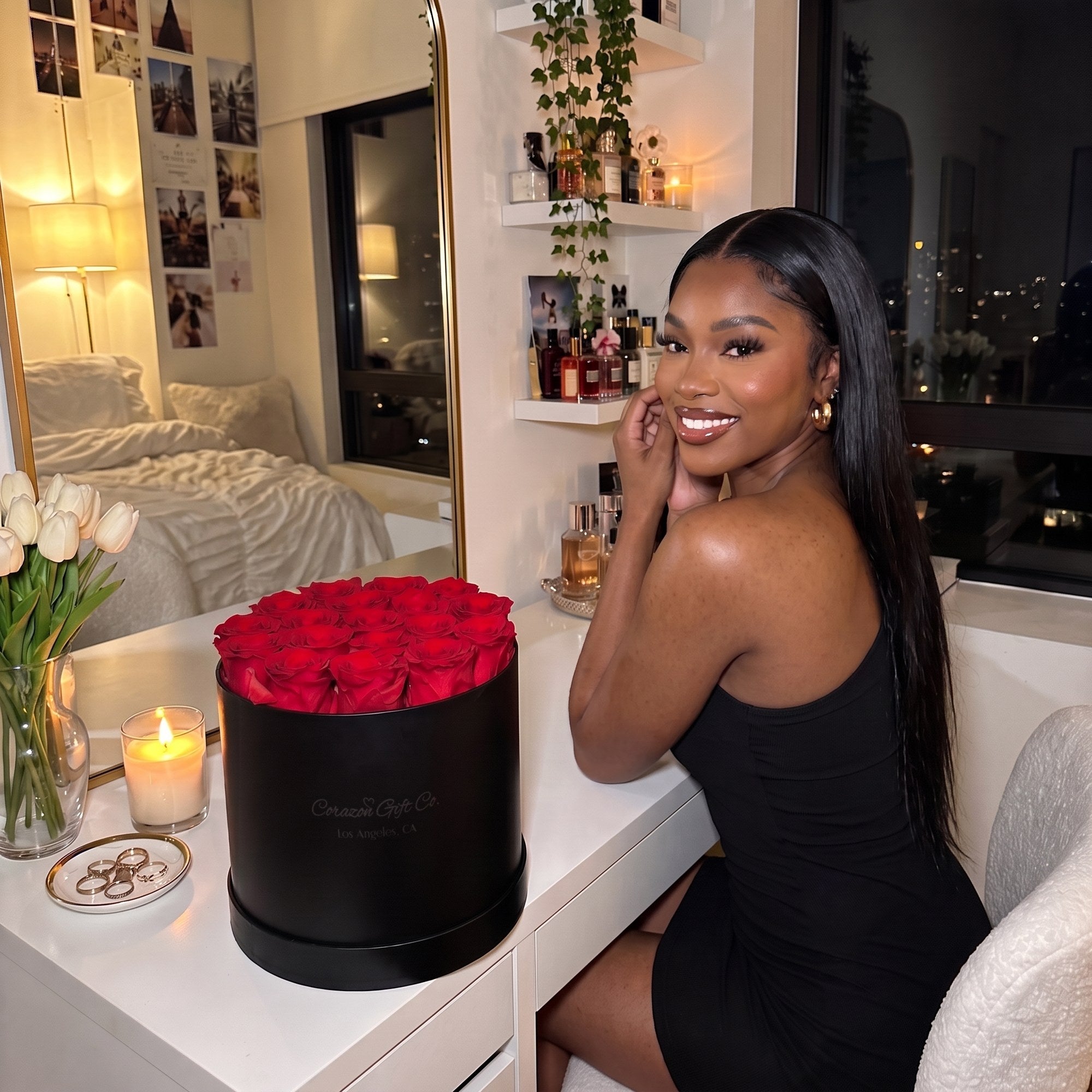 The hat box on her vanity while she gets ready