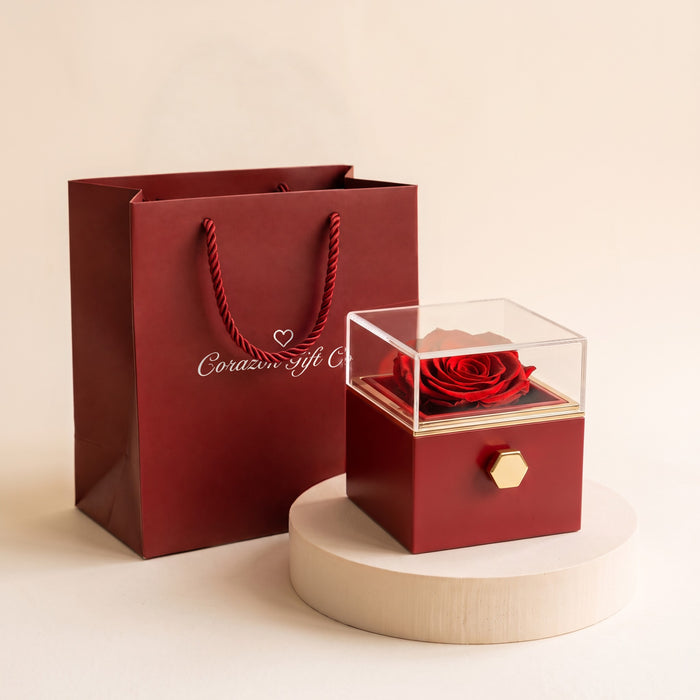 Eternal Love Rose Box with a red preserved rose and the engraved interlocked hearts necklace