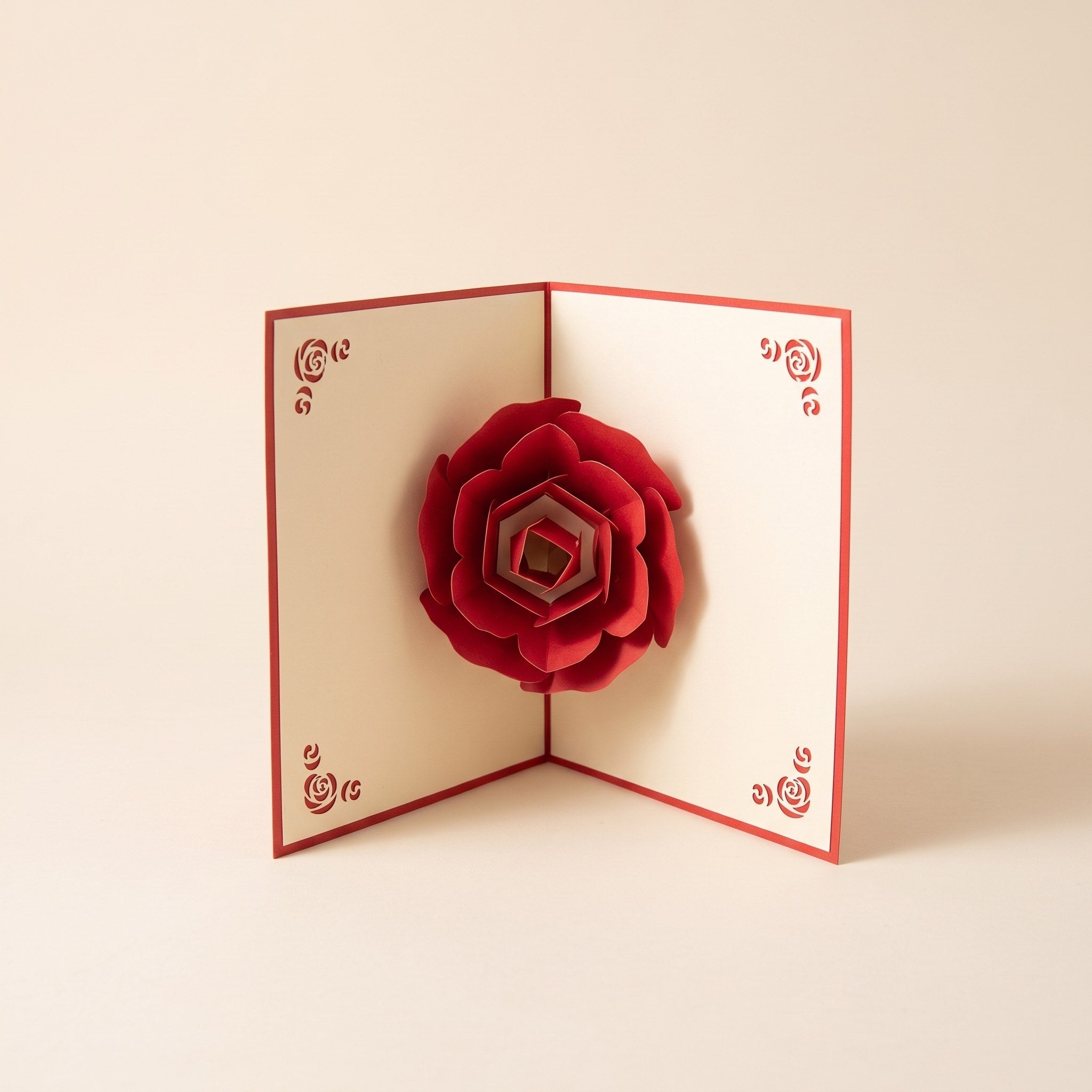 The Love Card standing open, the red paper rose popping up
