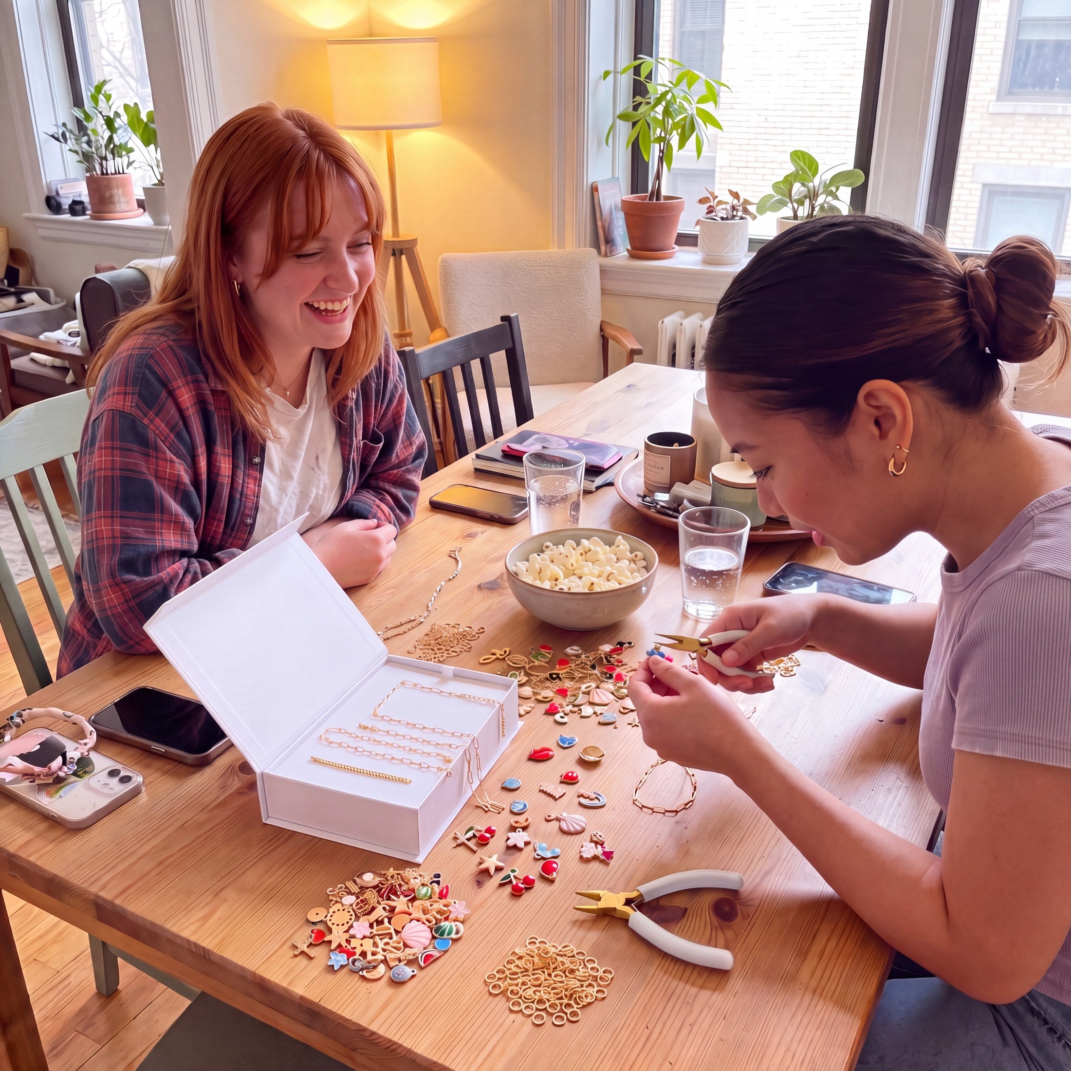 Friends making charm jewelry together