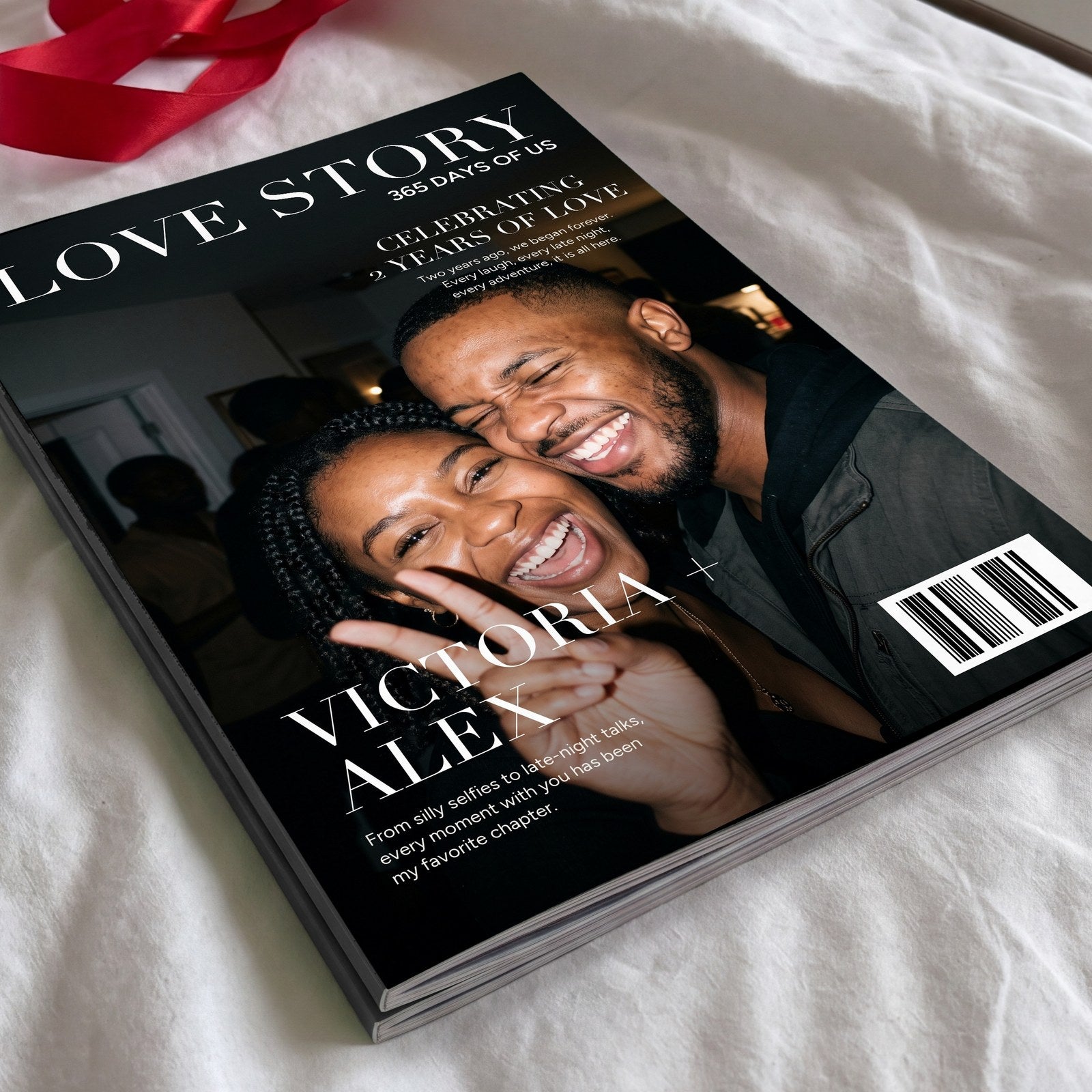 Close-up of the magazine cover with a couple's names on it