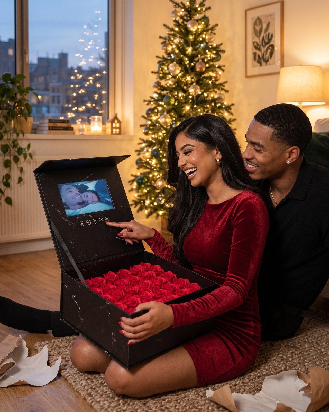 She presses a button on the open box by the tree