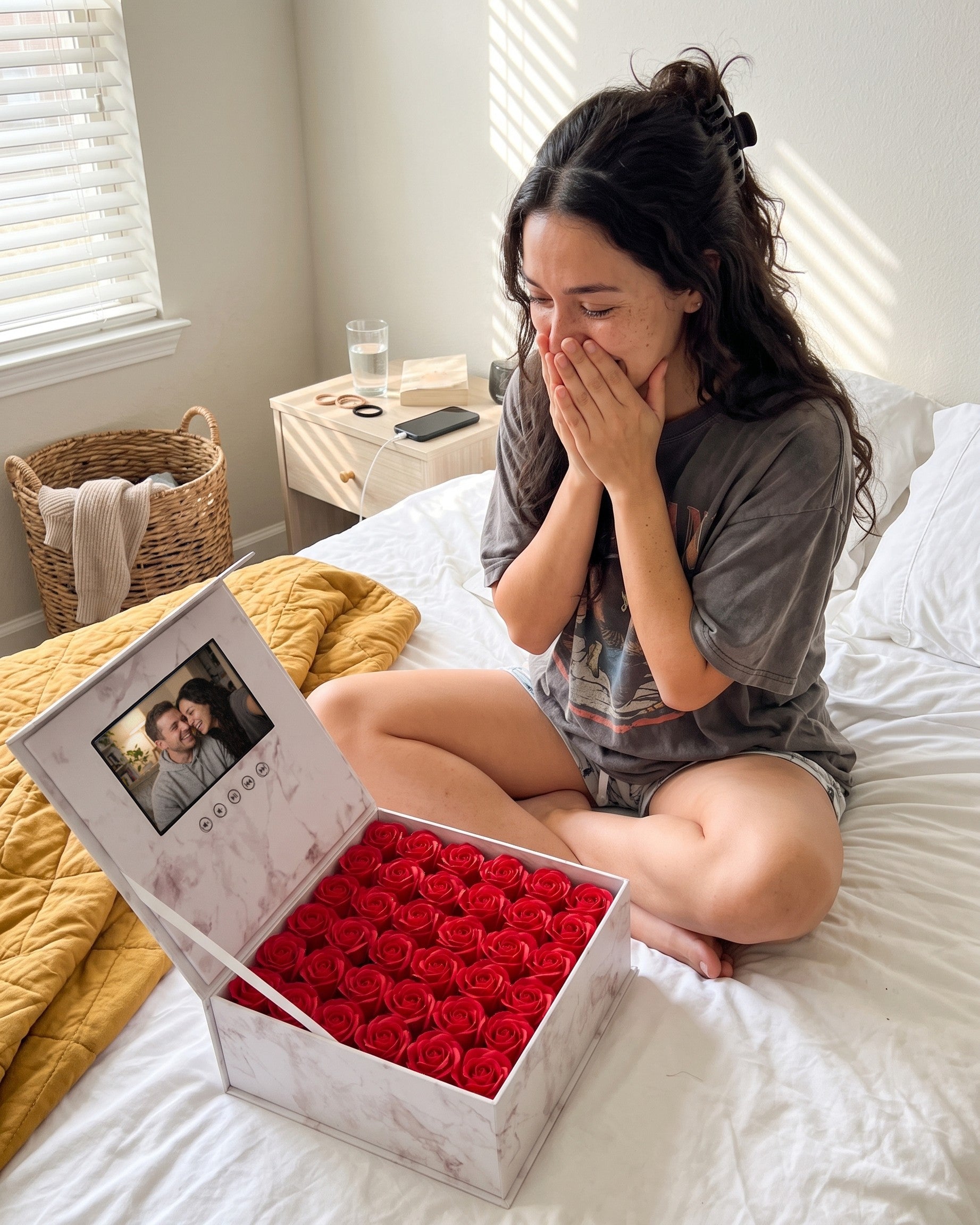 A woman covers her mouth as the video plays in the open box
